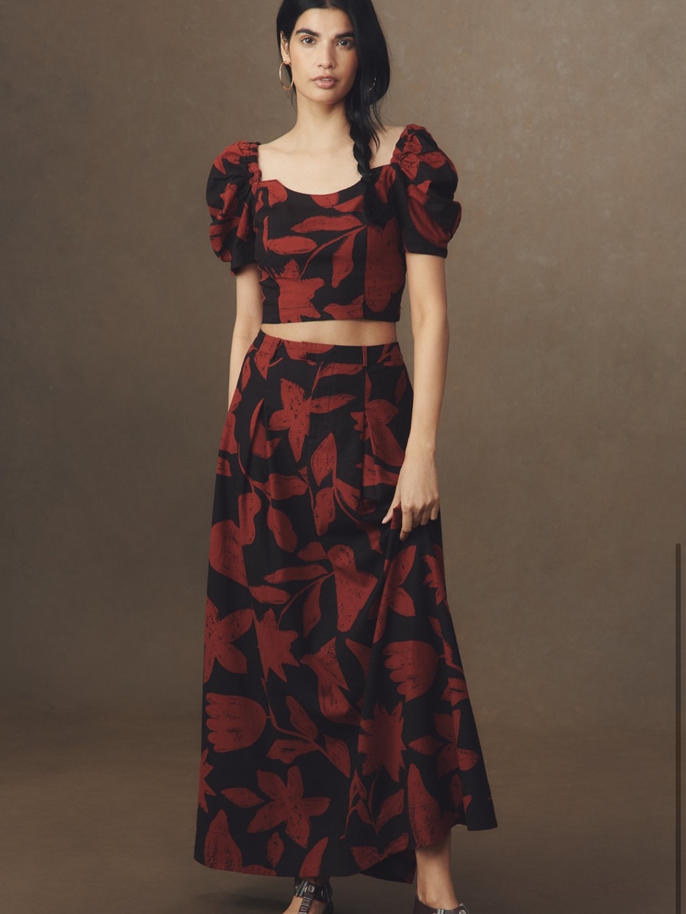 Red and Black Floral Puff-Sleeve Crop Top and Maxi Skirt Set
